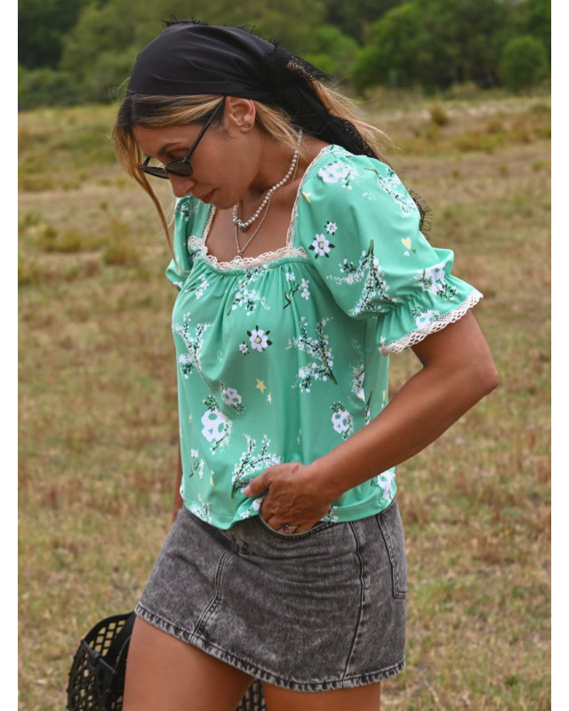 ▷ Camisa Flora Verde Agua Aire Retro | Sopotey