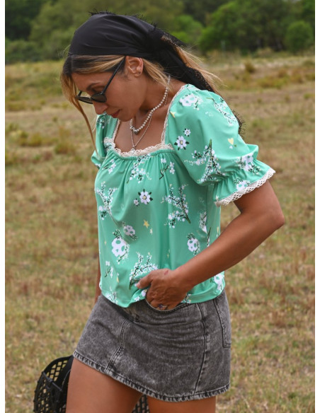 ▷ Camisa Flora Verde Agua Aire Retro | Sopotey