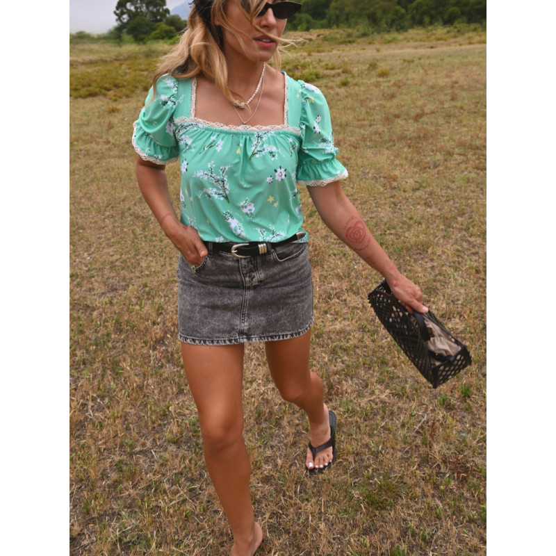 ▷ Camisa Flora Verde Agua Aire Retro | Sopotey