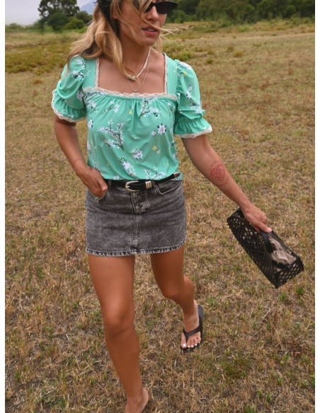 ▷ Camisa Flora Verde Agua Aire Retro | Sopotey